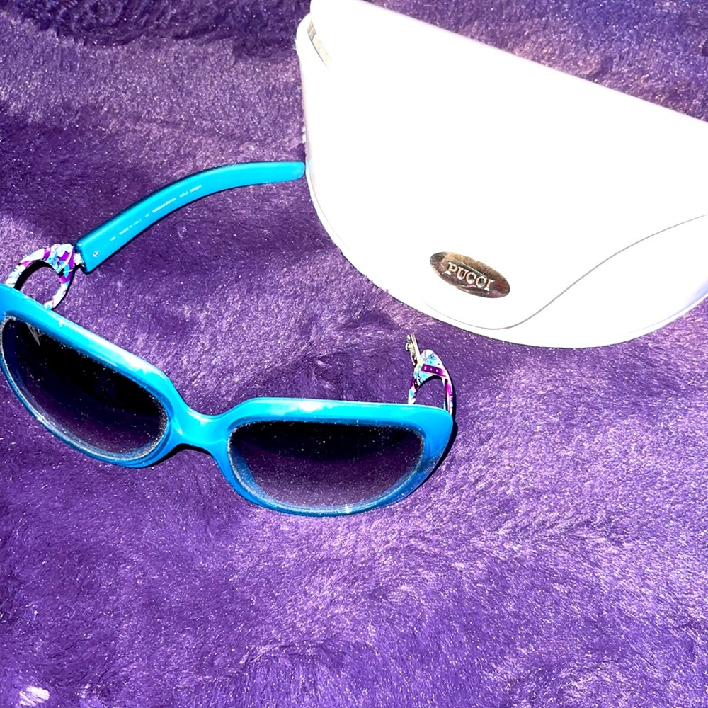 Emilio Pucci Turquoise Blue Cat-Eye Sunglasses with Multicolor Temple Accent